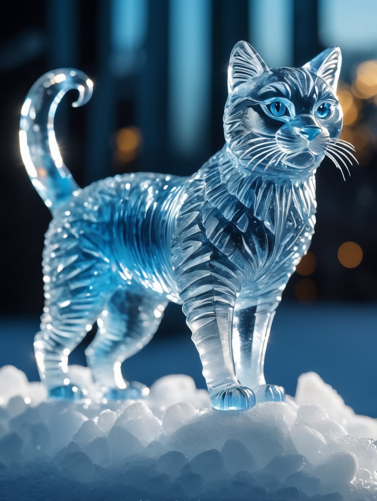 Highly detailed shot of an blueish ice sculpture in the shape of a Russian cat, full-body shot, dramatic shattering ice background, full motion effects, diagonal view, ice crystal particles everywhere, back light, ultra sharp focus, high speed shot, subtle color, Bioluminescence, high quality