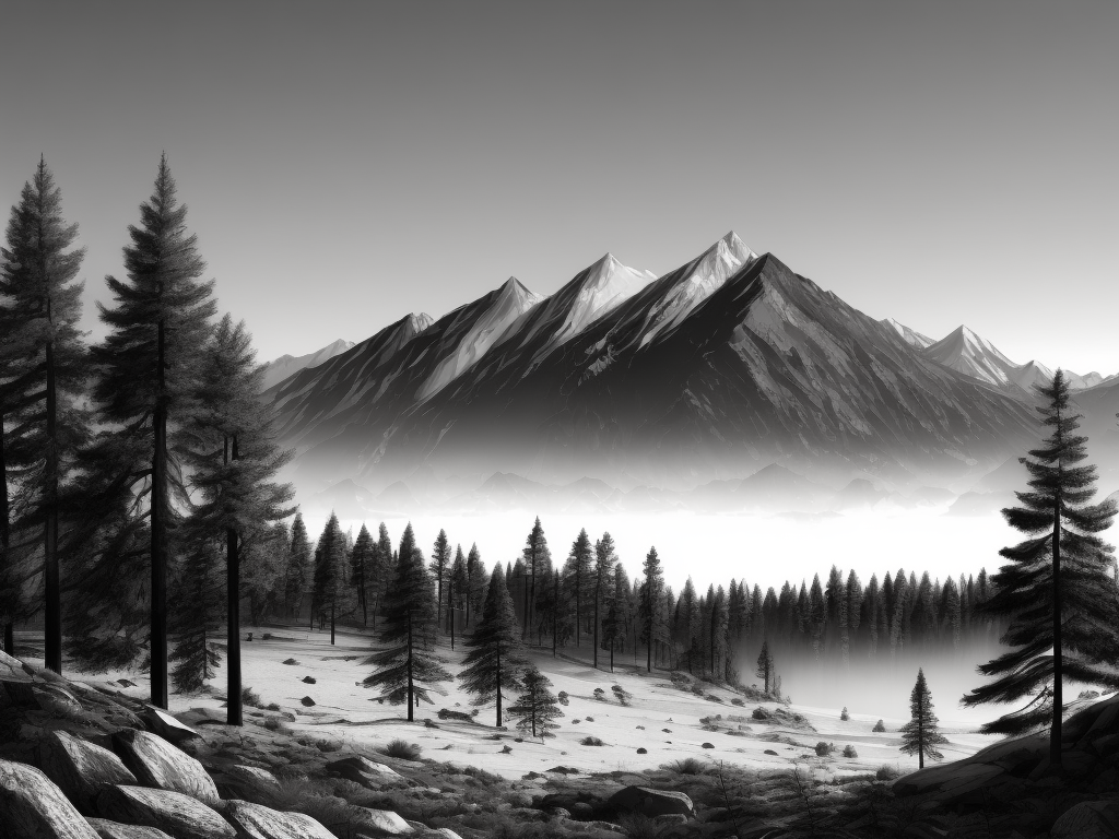 simplistic outdoors scene with sparse pine trees, black and white pen and ink drawing, contain entire mountain range within image, do not crop