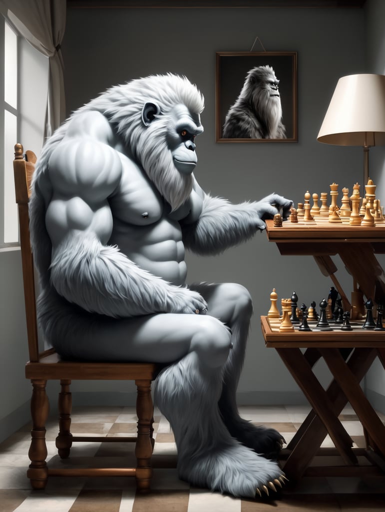 yeti inside a room, seen in profile, full-length, with a sweet expression, he is sitting on a small chair, playing chess, hyper-realistic