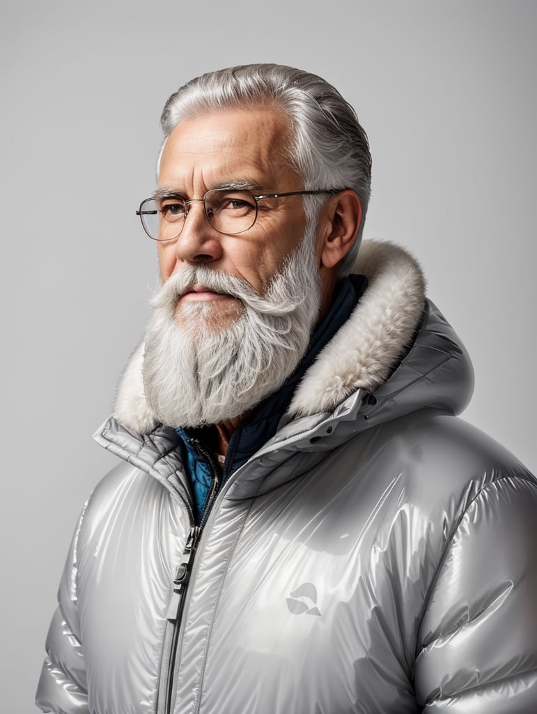 Inflatable white minimalist old man with beard puffer jacket, transparent, isolated, grey background, mockup