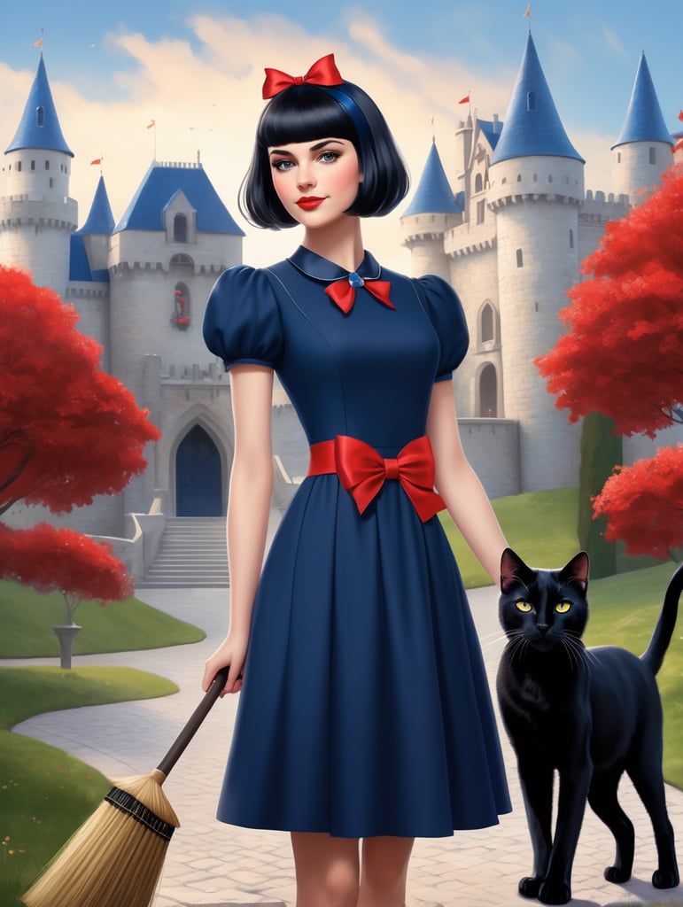 white very beautiful girl with short black hair wearing a red bow on her hair , wearing a very simple short dark blue dress.the girl is holding a big broom in front of a colorful castle along with her tiny black kitty