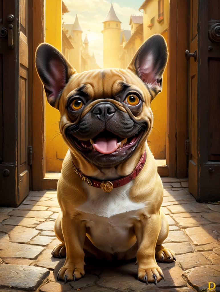 A Disney Pixar-inspired movie poster with title "Theodora". In the image a yellow french bulldog with a black ears and nose beside, with brown eyes and a smiling face. The scene should be in the distinct digital art style of Pixar, with a focus on character expressions, vibrant colors, and detailed textures that are characteristic of th animations, with the title "Bigornas"