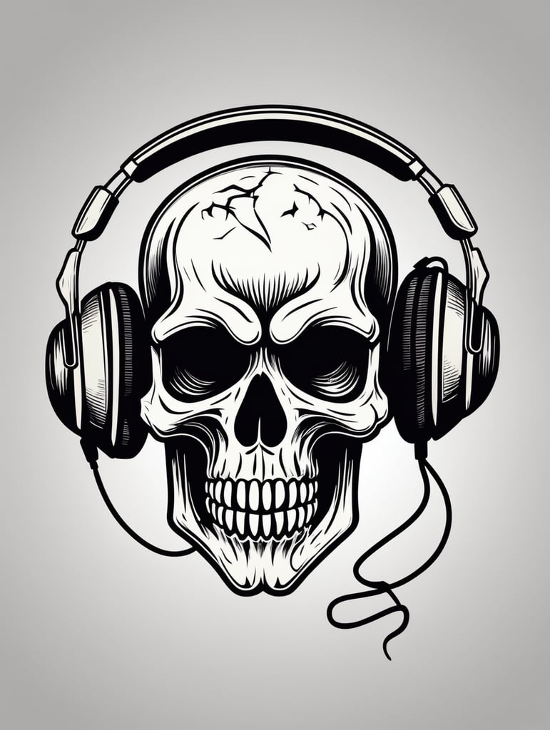 Black and white game over Skull Gaming Logo, linocut, vintage dead head or skull of gamer in headphones, vector image