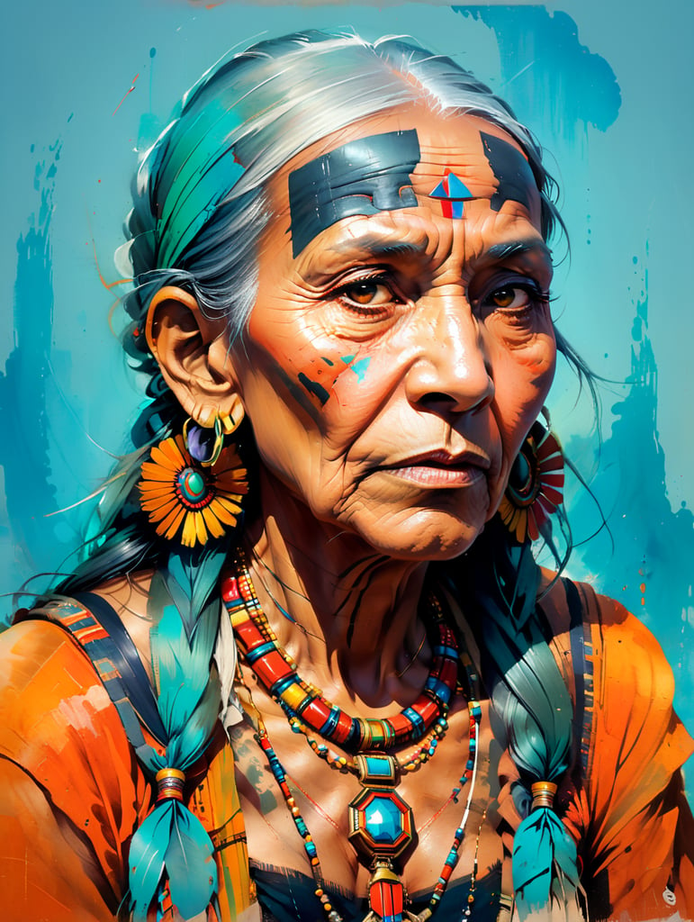 native american old woman in national dress looking straight forward, in Earth colors