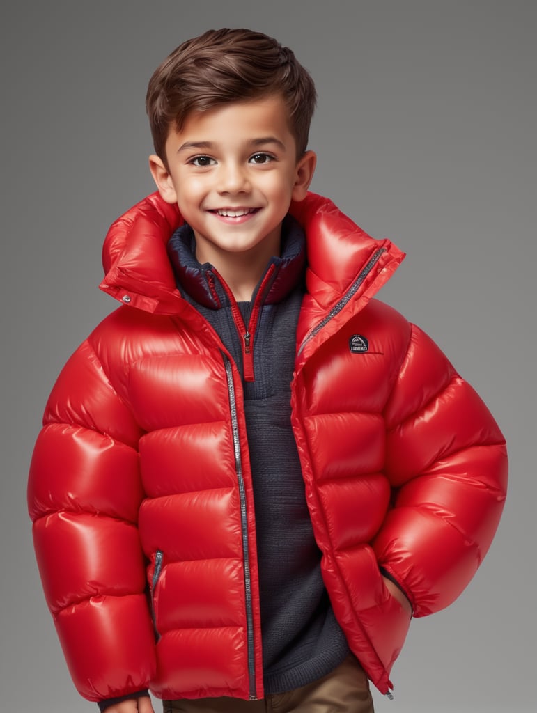 cute boy, dressed red inflatable puffer jacket, headshot, hyper realistic, vibrant colors