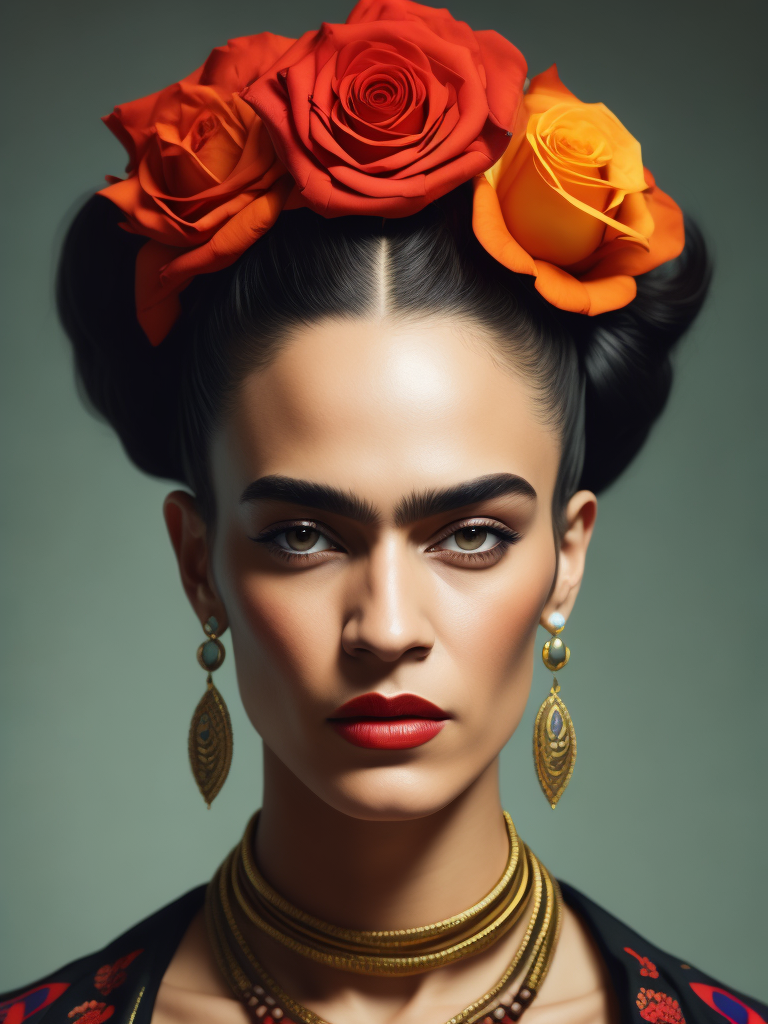 Portrait of Frida Kahlo, bright and saturated colors, elegant, highly detailed, vogue, fashion magazine, sharp focus, bright expressive makeup, dramatic lighting, depth of field, incredibly high detailed, blurred background'