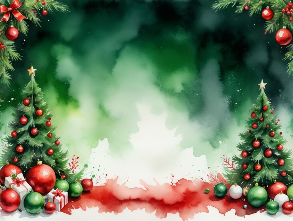 watercolor red and green christmas background with lots of white space