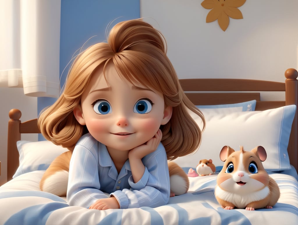 Light brown haired, blue eyed little girl waking up in bed with a cute little brown and white hamster beside her