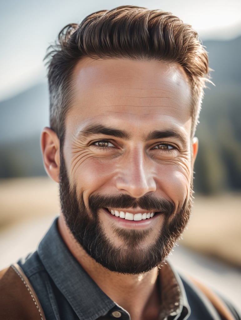 realistic portrait of an western man with beard on white plain background smiling at the camera