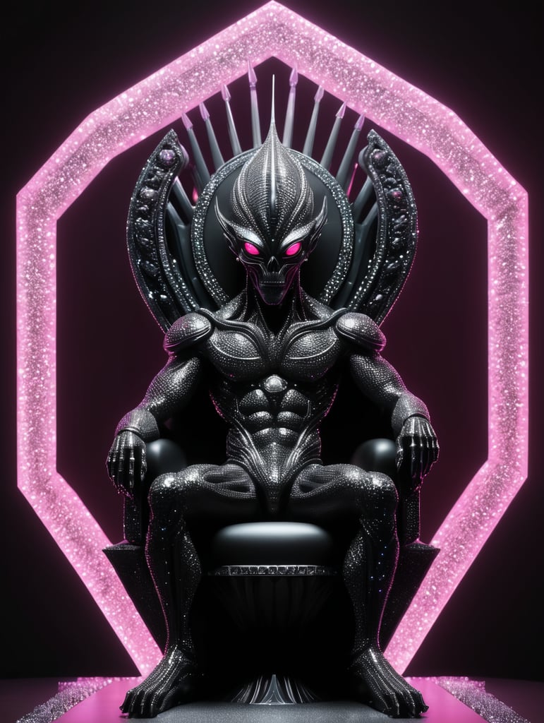 Alien made of diamonds and glitter black neon light DMT throne