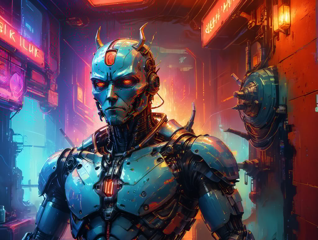 Robot devil, cyberpunk, in a futurist bar, red and blue neon ligths, masterpiece, absolutely perfect, stunning image, visually rich, intricately detailed, concept art, by Mschiffer, glowy, cinematic, UHD wallpaper, 3d, octane render, volumetric lights