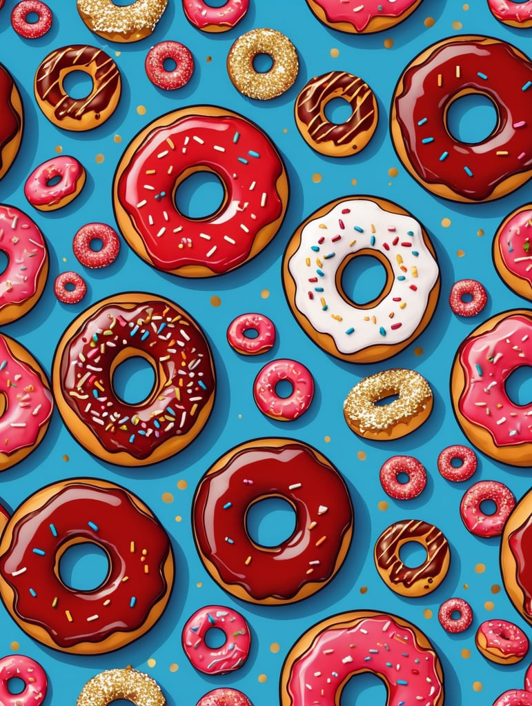 Donut Doodle Image, blue background, red donut, glazed, melted gold, vector, free download