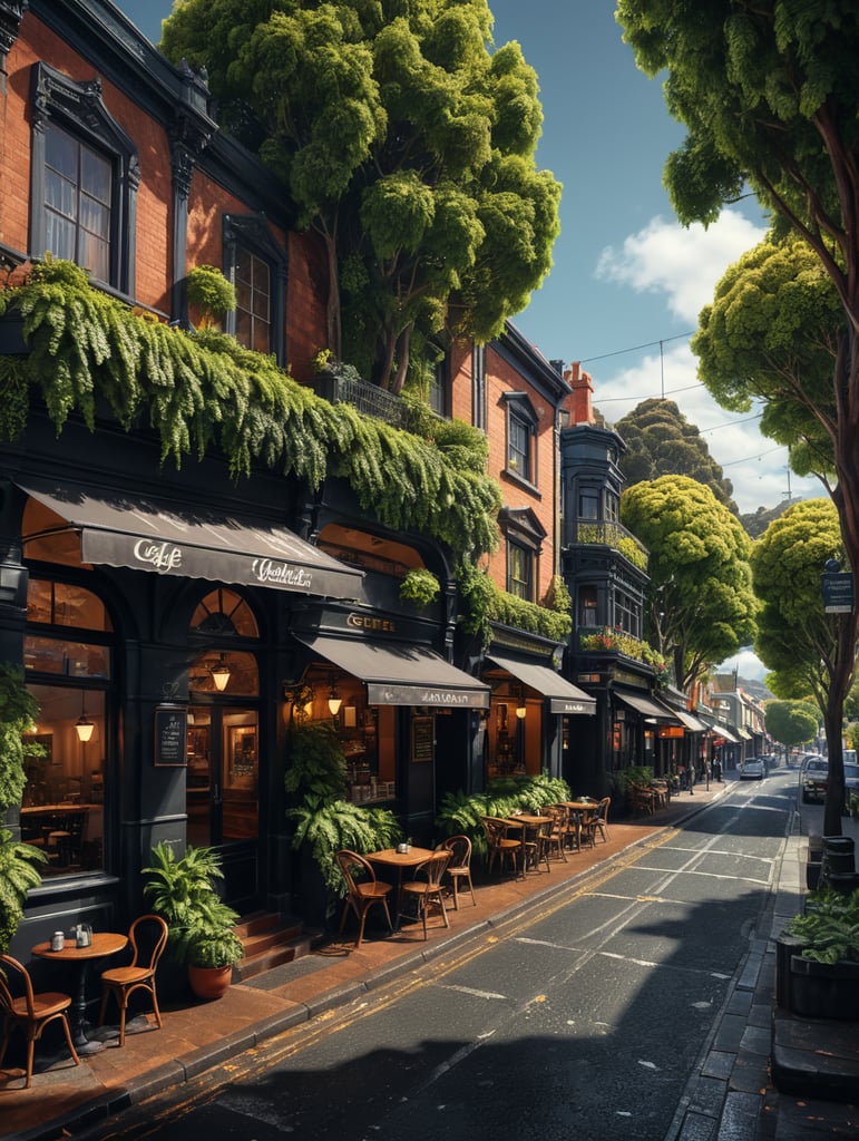 Hyperealistic illustration of a leafy street in Launceston Tasmania, with a little cafe in shot, full frame