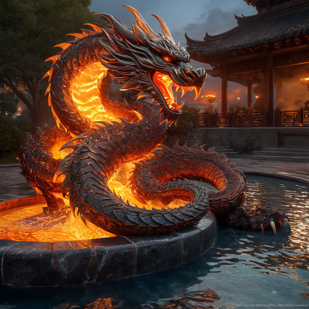 A liquid molten iron asian dragon(masterpiece, intricate and detailed, fiery glow) emerging from a pool.of molten magma (fiery , magma glow) , 500 mp uhd, extremely realistic , sharp focus , no blur denoise