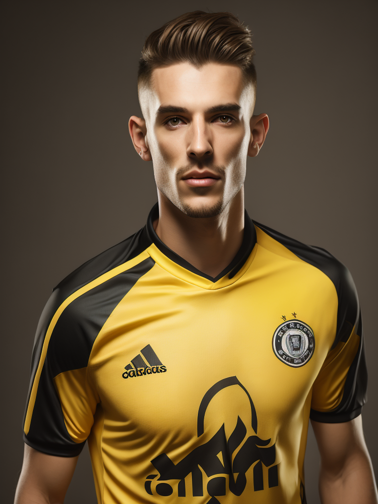 Portrait of soccer english player 1900, yellow and black shirt, whole body, bright and saturated colors, elegant, highly detailed, vogue, fashion magazine, sharp focus, Bright expressive makeup, Dramatic Lighting, Depth of field, Incredibly high detailed, blurred background