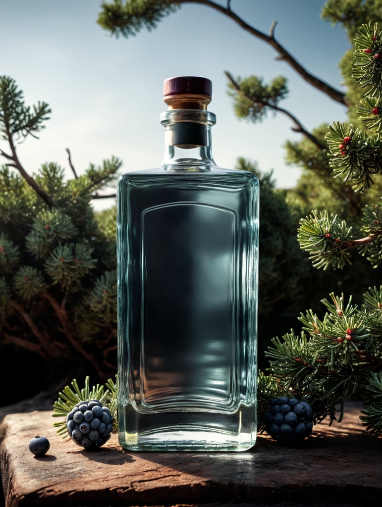 professional photography of a square gin bottle, square bottle, surrounding a juniper and juniper berries, one shot of gin in a front, no label, clear, mockup