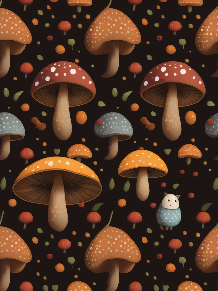 Traditional hand drawn cute funny mushroom with vibrant colors, sets seamless pattern, conceptual unique elegant shapes pattern