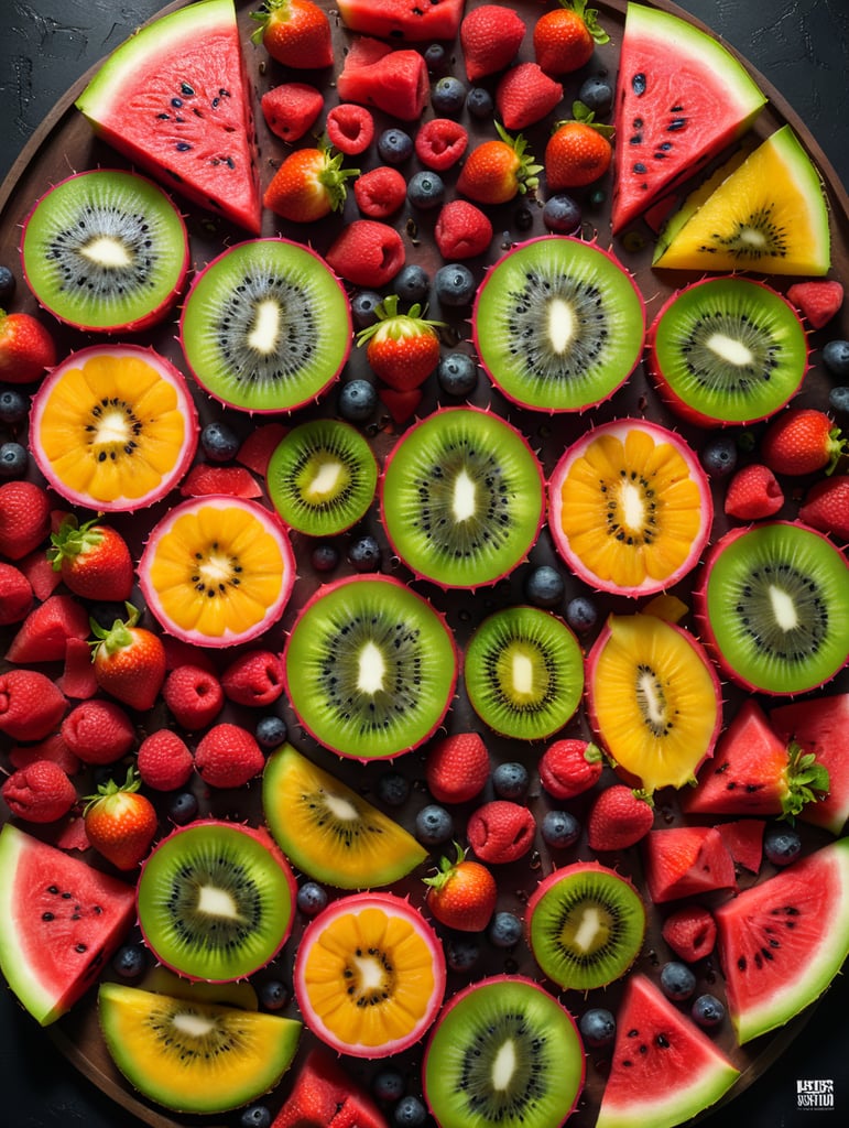 Colorful sliced fruit pieces, top view, watermelon, dragon fruit, kiwi, strawberry