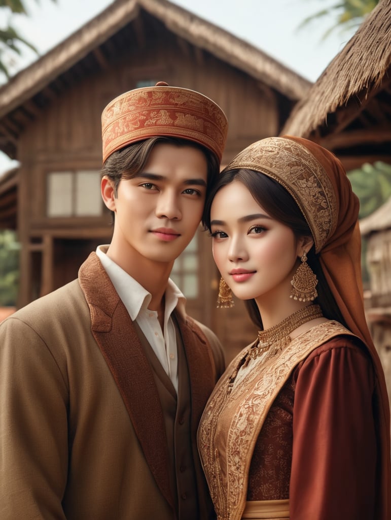 foto couple muda dengan busana cottage core,epic details, realistic, raytracing, photorealistic , Cinematic, Ultra HD, vintage, realistic human photo, ultra realistic, epic details, intricate details, Professional photography.