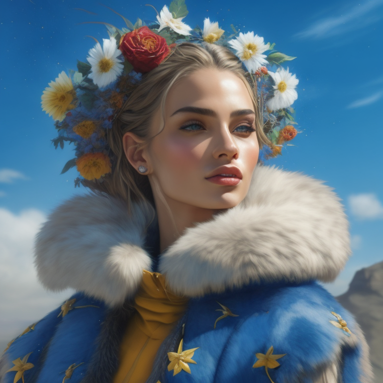 the girl is a smilling smile model, standing tall, dressed in a fur coat, a colorful fur coat, flowers are depicted on the fur coat, a scarf on her head, an elegant pose, blue sky, summer, smears of oil paint, muted color, grain, Joe Madureira's Masterpiece inspired by Magali Villeneuve, Ann Stokes, Luis Royo and WLOP, 8k Ultra HD. --s 250