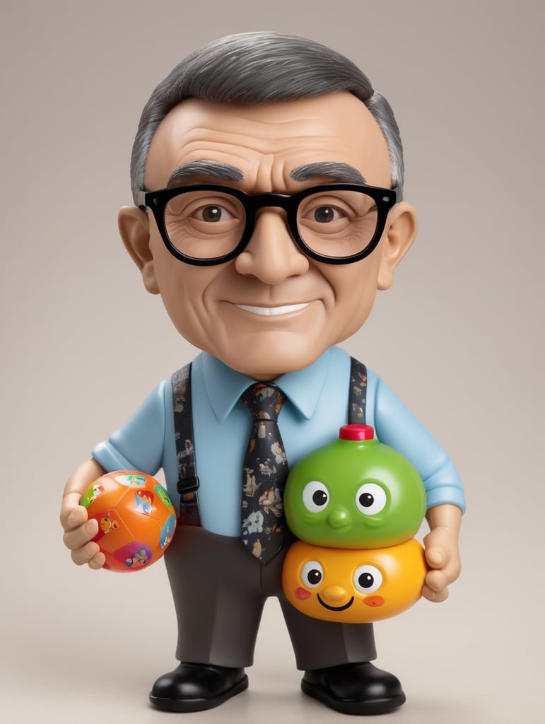 Canadian crook, with an unpleasant face, black reading glasses, holding a children's toy in his hands
