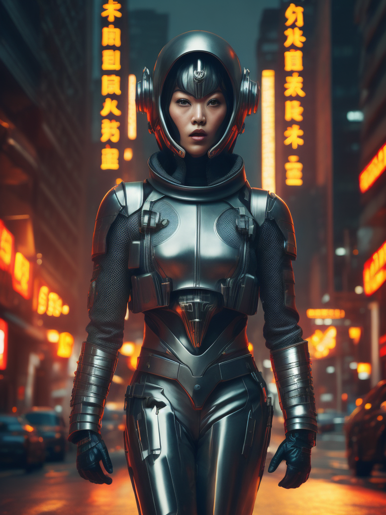 girl dressed in chrome mask and realistic cyberpunk outfit, the mask is metallic, a bit robotic, vintage medium shot 1920's poster with corean ethnicity, with background of futuristic style buildings and futuristic rockets, a little geisha, with a chrome, metallic color mask