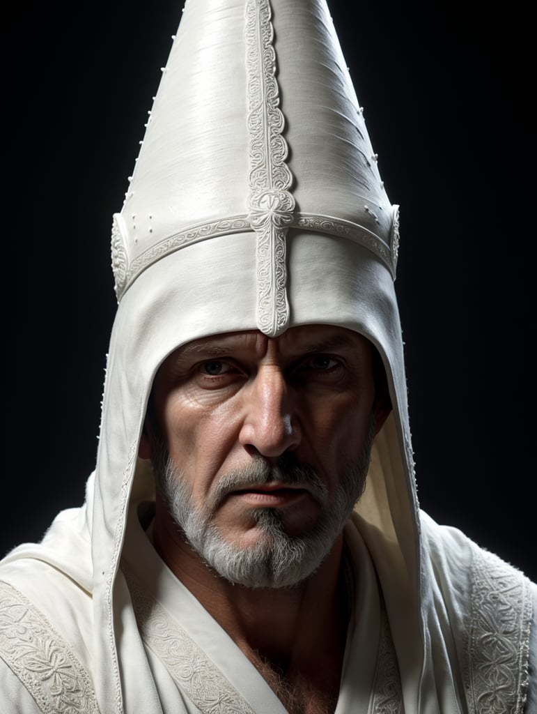 klan kkk man in blank white robe and long white cone shaped hat, medieval, fantasy