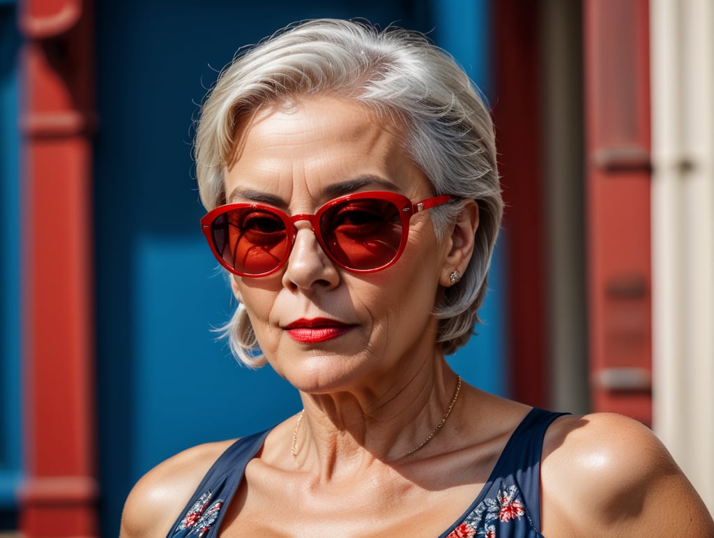 A portrait of a beautiful English older woman with white platinum short hair and big sunglasses, dressed all red, blue background, big cleavage, glamorous London portrait, highly realistic, women designer, very fashionable, colourful