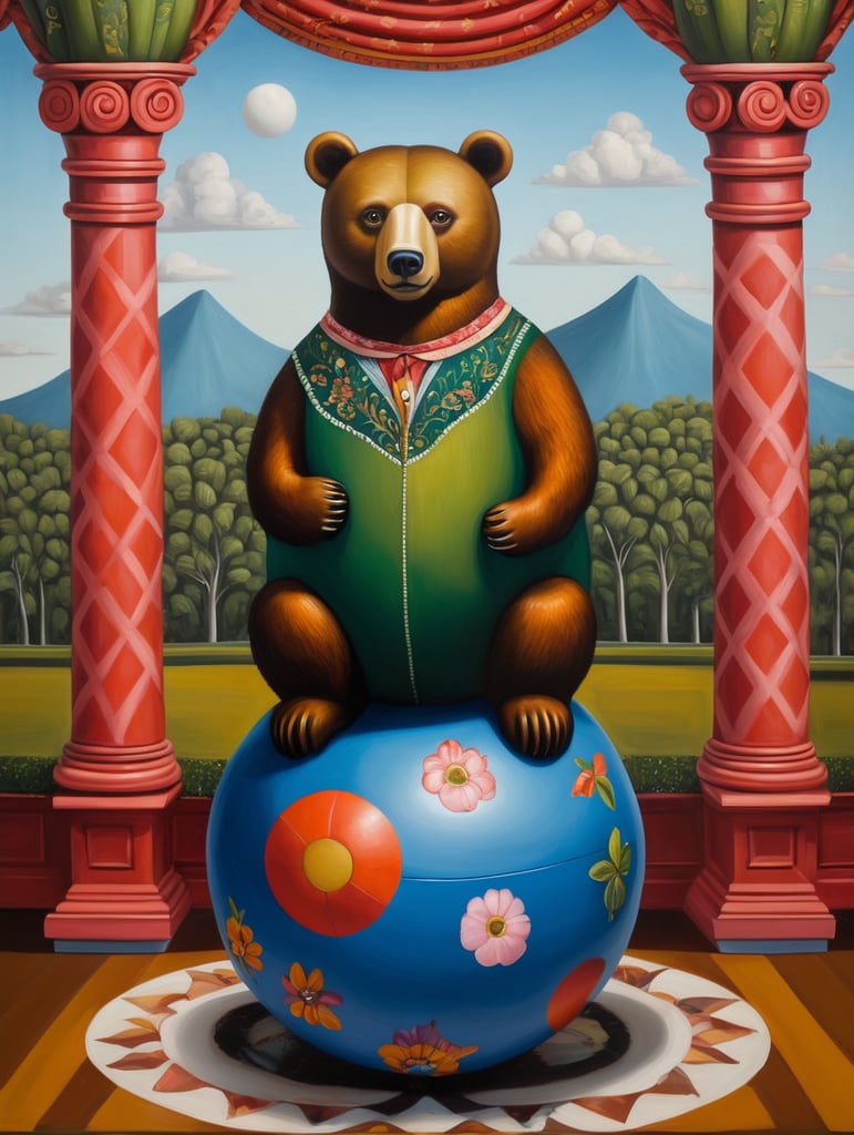 a bear on a ball, style of Catherine Nolin, Painting, Acrylic, Oil, Portrait, Interior, USA