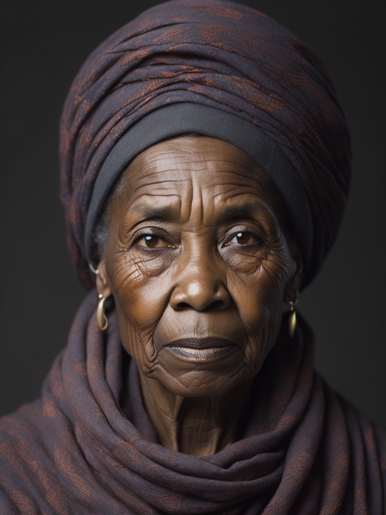 Intricate portrait of a very old African woman with wrinkles, illuminated by warm litted candles, with a backdrop of eerie dungeion . stunning interpretive visual, maximalist scarf and veil. f1.0lens, tilt-shift, shalllow DOF. dramatic lighting. chiaroscuro,