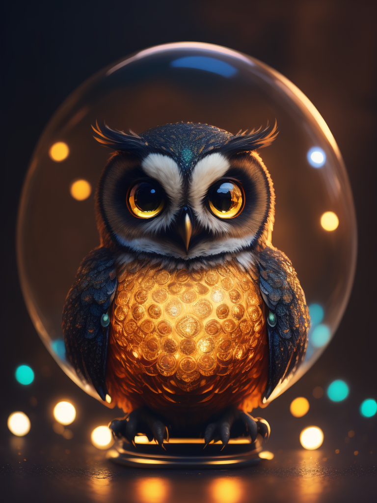 A realistic cute adorable baby owl made of crystal ball with low poly eye's surrounded by glowing aura highly detailed intricated concept art with vivid beautiful colors trending artstation 8k