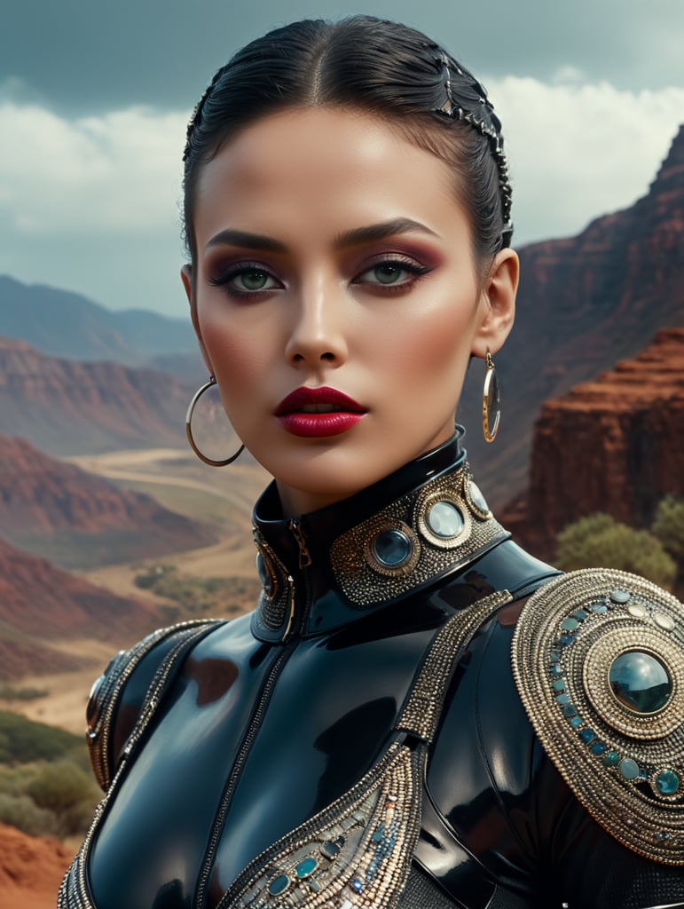 Ultra hd! realistic! marc jacobs fashion magazine photoshoot, futuristic fashion, various races of beings, most beautiful faces in the world, female posing, tight outfit, surreal landscape, photo in 80's fashion style, cinematic, surrealistic