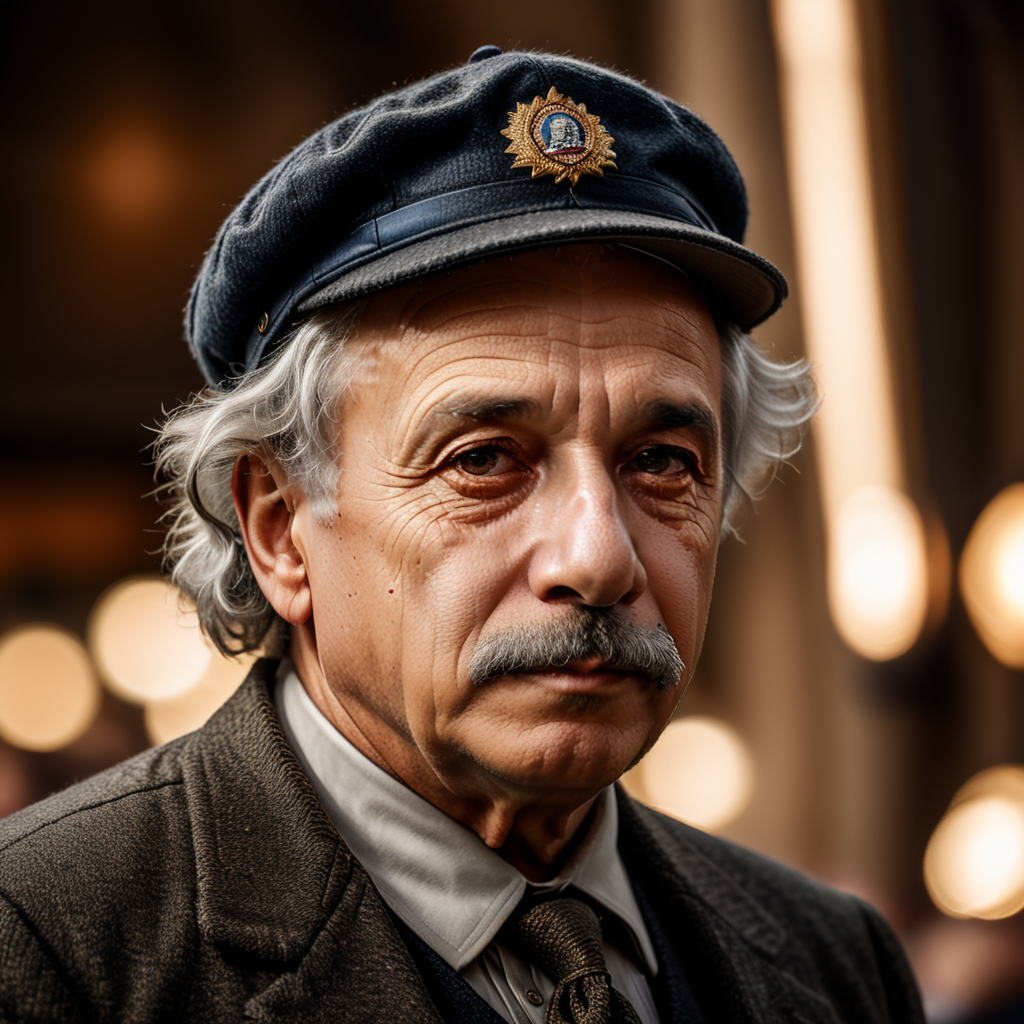 Portrait of Albert Einstein with a cap, elegant, highly detailed, vogue, sharp focus, depth of field, high detailed, blurred background