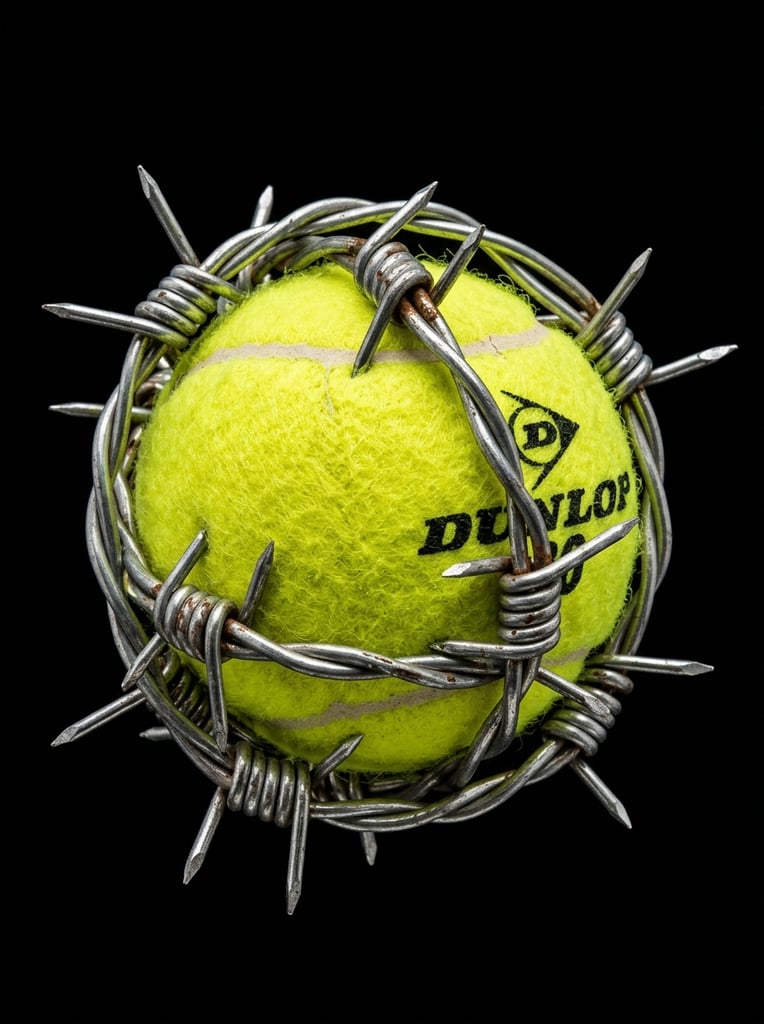 A fluorescent yellow tennis ball tightly bound in silver barbed wire with long sharp spikes, isolated on a solid black background. High-contrast studio lighting emphasizes the juxtaposed textures of fuzzy felt and cold reflective metal in sharp macro focus.