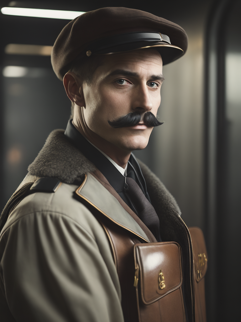 Retrato de un operador ferroviario ingles de 1900, con bigotes, serio, en un ambiente oscuro, vestidos con ropa de uniforme ferroviario.light atmosphere, sharp on details