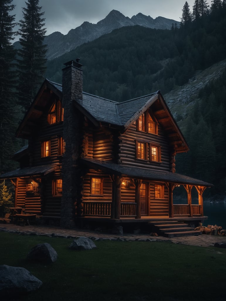 Professional evening photo of a small and cozy Log mountain cabin, mountains, lake, forest
