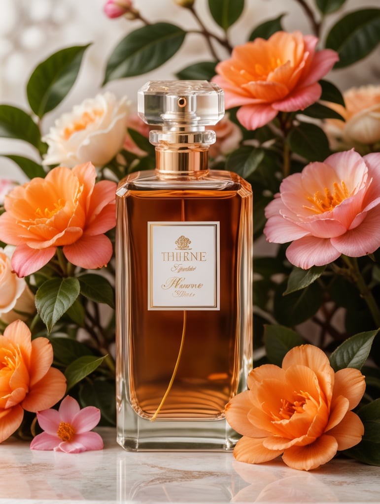 Luxury perfume bottle with blanc label, snake next to the bottle, floral background, pink and orange flowers