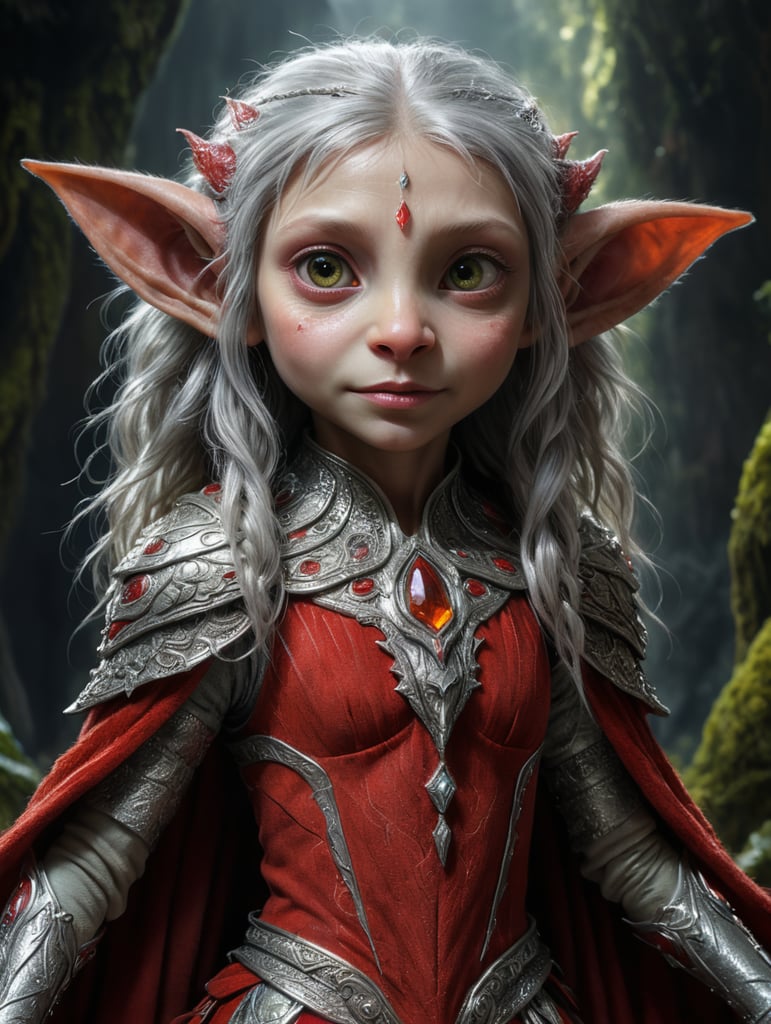 A Gelfling extra furry animal like red and silver clothes princess full body life size from the Dark Crystal Hyperrealistic, splash art, concept art, mid shot, intricately detailed, color depth, dramatic, high definition