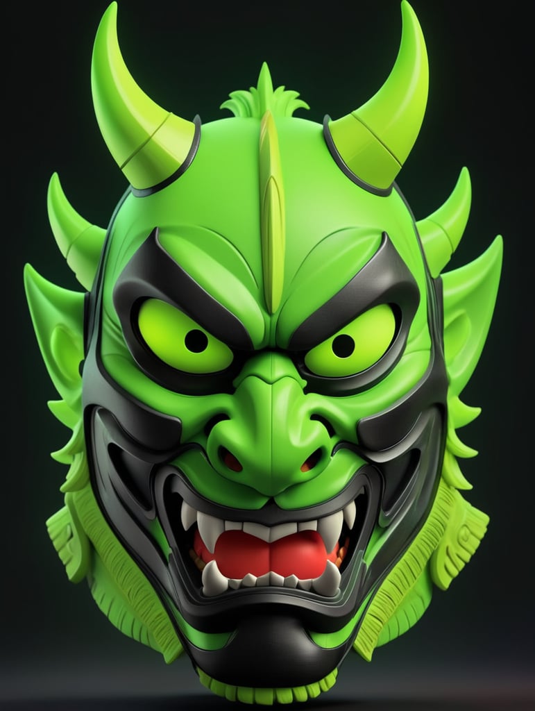 Illustration of a demon mask, demon samurai mask, oni mask, neon green oni mask, samurai mask, samurai, demon samurai, demon samurai warrior, cartoon, 3d render, soft shadows, cartoon, pixar, videogame character, neon green and black, close up