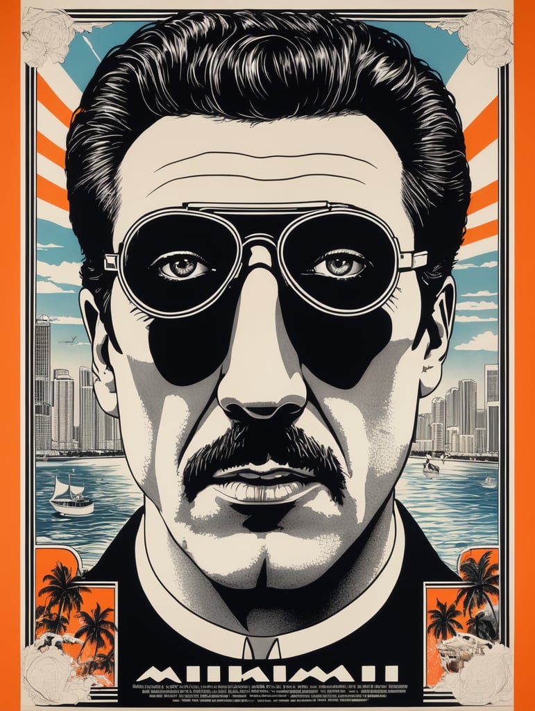 Miami 1984 cocaine eye-catching poster-style drawing and illustration representing the iconic pulp style.