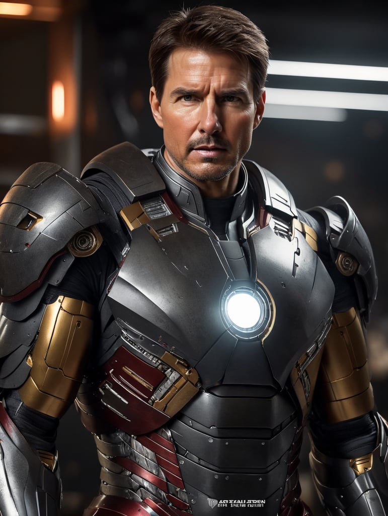 Create a super detailed 8k image of Tom Cruise inside the Iron Man armor