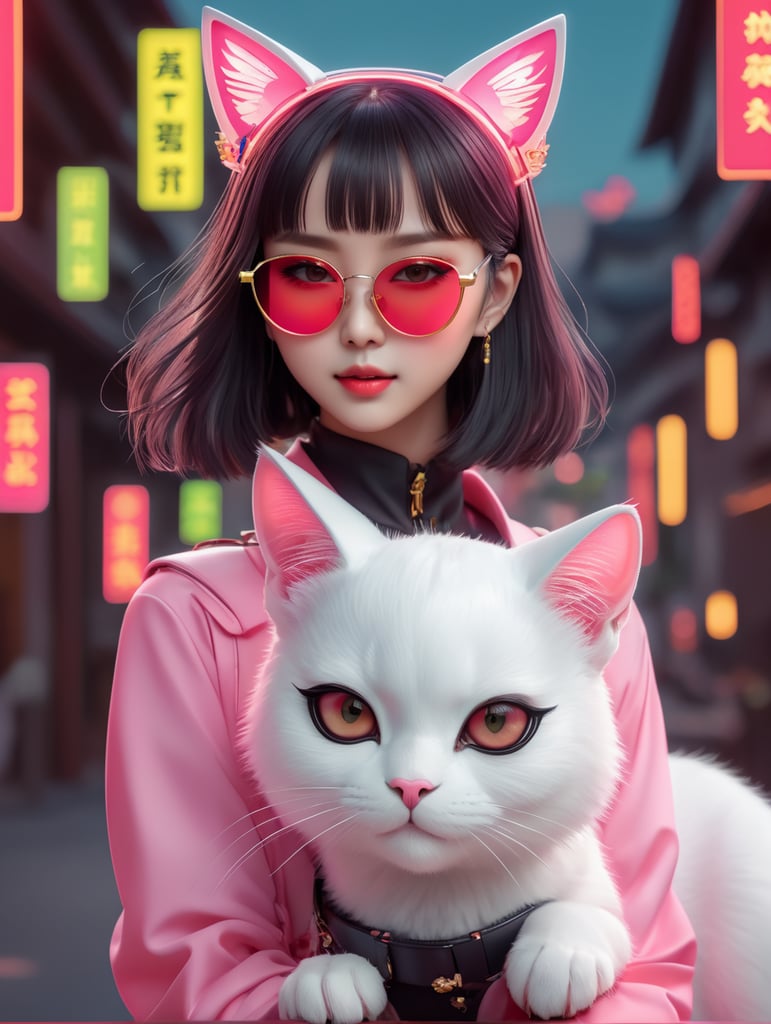 Premium AI Image, modern anime character of Chinese girl AI generated, neon, sunglasses, small cat, lizard