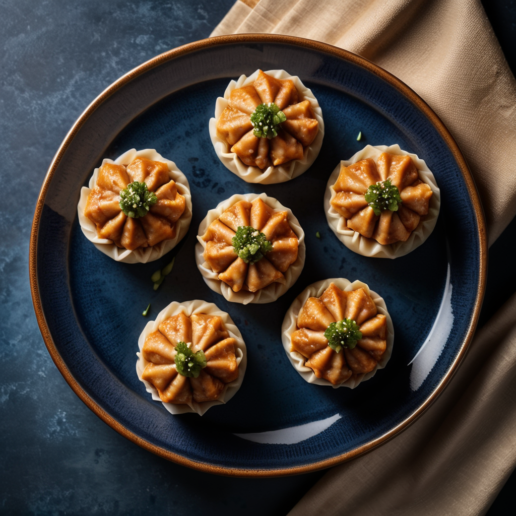three chicken Shumai dumplings on a dark blue plate, top-down view