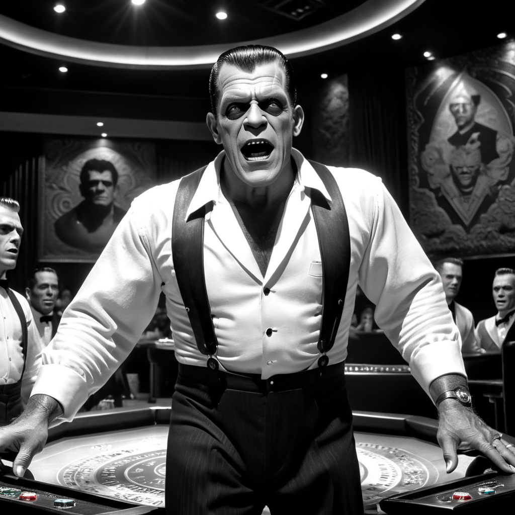 Frankenstein Sinatra, singing in The Sands casino in Las Vegas, 1950s, black and white, wide shot, photorealistic, high level of detail