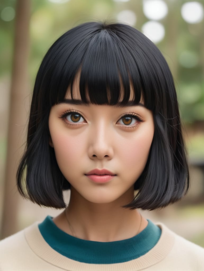 Japanese adolescent female, short black hair with bangs, dark brown eyes, Wes Anderson style