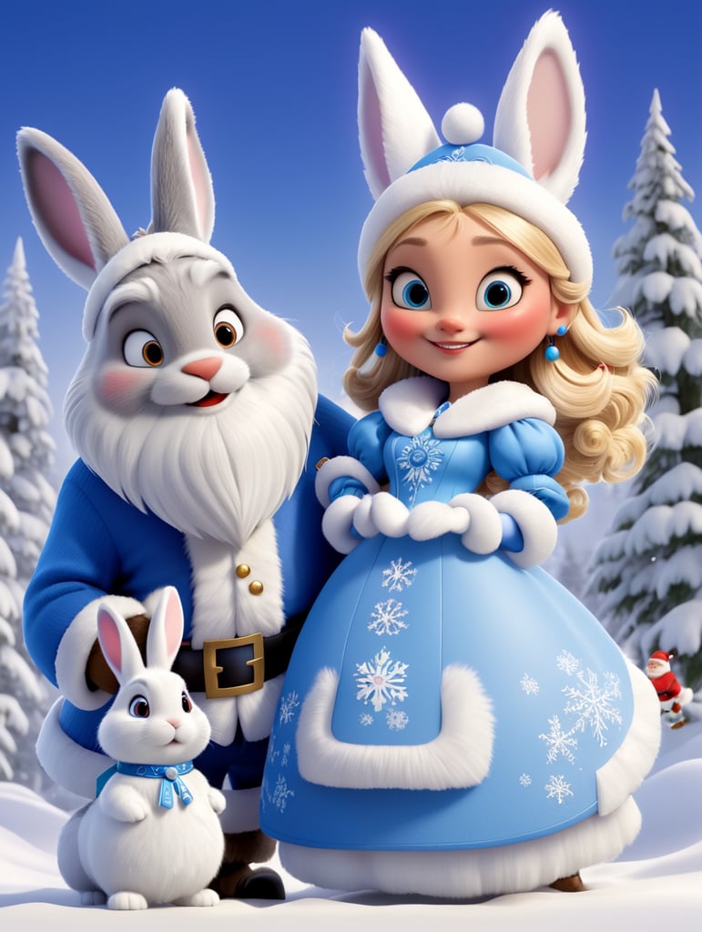 New year's card, Santa Claus and Snow Maiden, rabbit, deere, by Justin Gerard and Greg Rutkowski