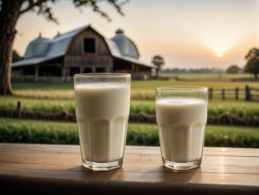 A mockup of a glass of milk, farm blurred background