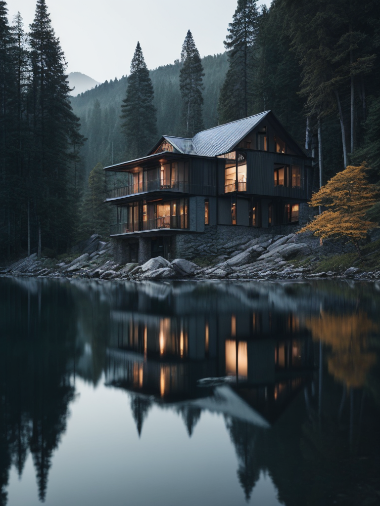 house with glass walls on the shore of the lake in the middle of the forest