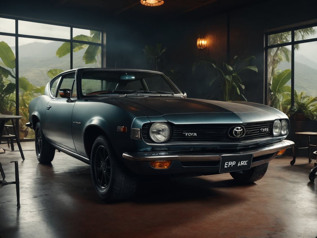 Dining table, in the middle of coffee Colombian crop, the legs of the table are replaced with car wheels, the car on the background is a Toyota