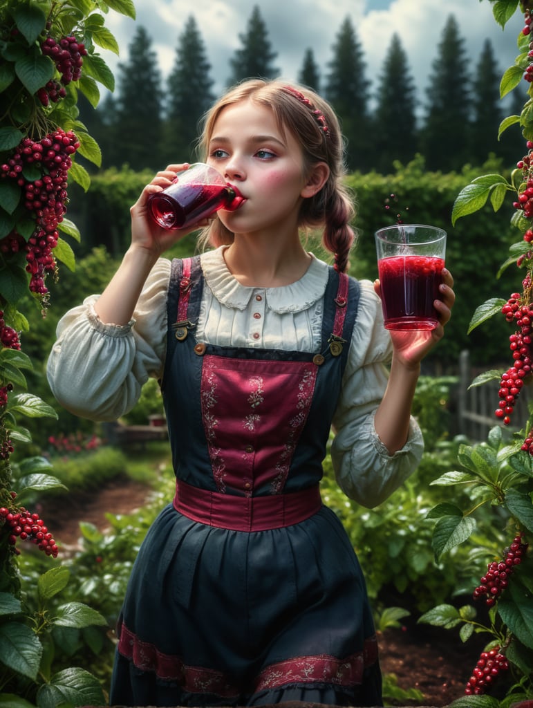 A full-length photograph of a girl drinking cranberry juice in a berry garden.